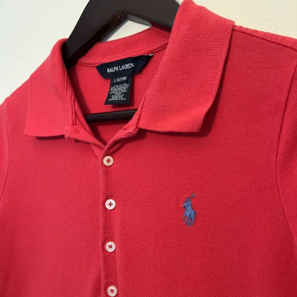 RALPH LAUREN Cotton Mesh Ruffle Hem Polo Pony Dress, Red- Size L (12/14)